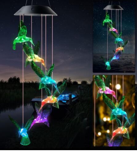 Color Changing Solar Power Wind Chime Crystal Ball Hummingbird Butterfly Waterproof Outdoor Windchime Light For Patio Yard Garde