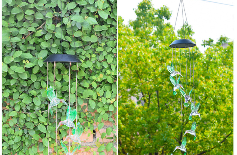 Color Changing Solar Power Wind Chime Crystal Ball Hummingbird Butterfly Waterproof Outdoor Windchime Light For Patio Yard Garde