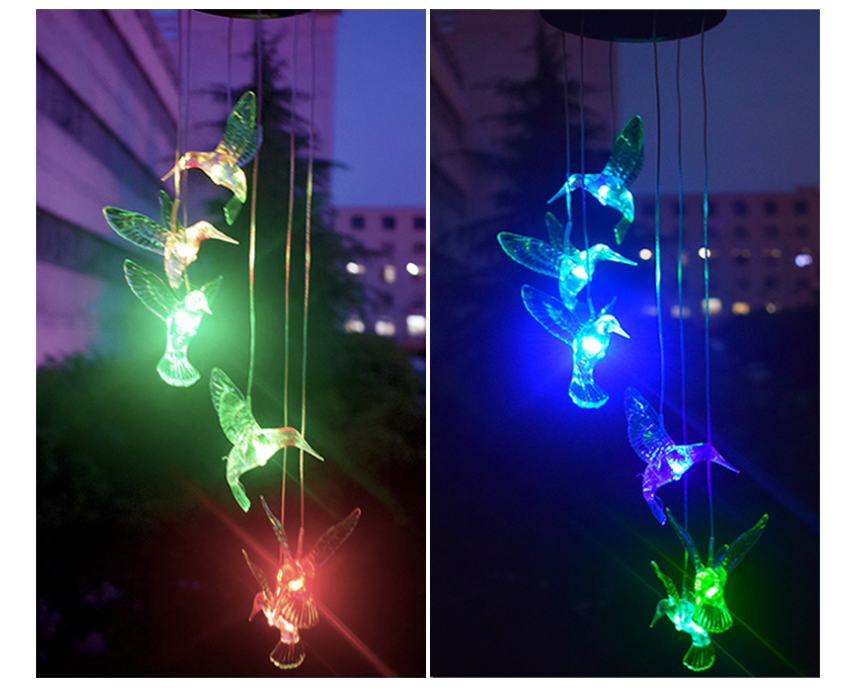 Color Changing Solar Power Wind Chime Crystal Ball Hummingbird Butterfly Waterproof Outdoor Windchime Light For Patio Yard Garde