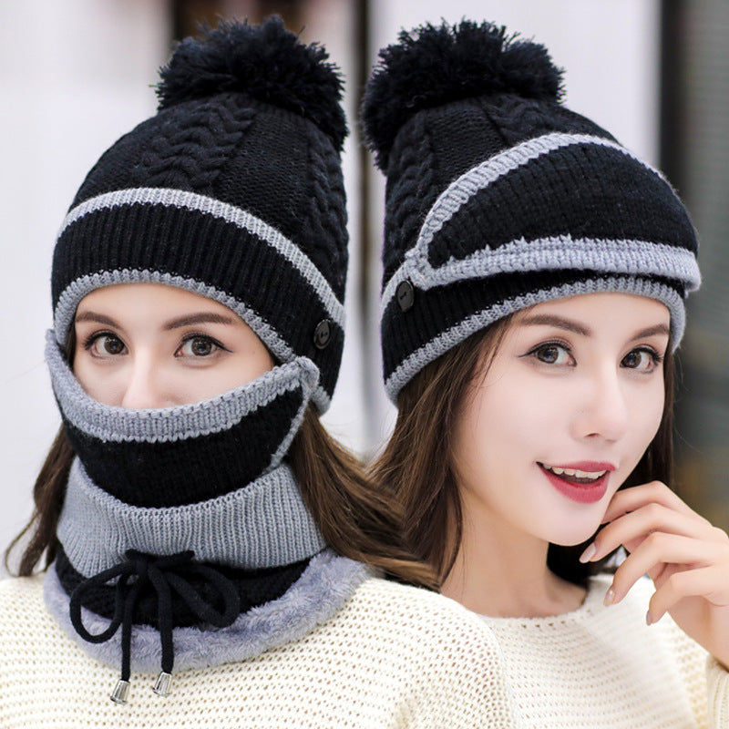 Hat Female Autumn And Winter Korean Tide Thick Warm Wool Hat Windproof Bib Three-piece Winter Cycling Ear Protection Knitted Hat