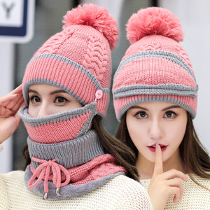 Hat Female Autumn And Winter Korean Tide Thick Warm Wool Hat Windproof Bib Three-piece Winter Cycling Ear Protection Knitted Hat