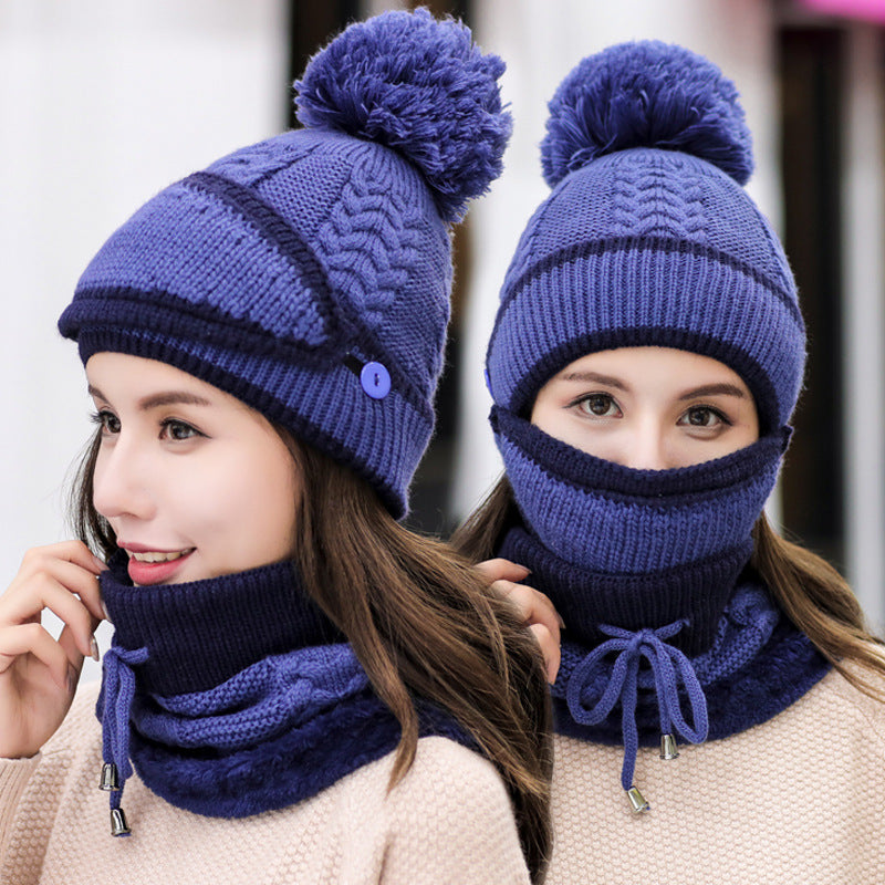 Hat Female Autumn And Winter Korean Tide Thick Warm Wool Hat Windproof Bib Three-piece Winter Cycling Ear Protection Knitted Hat