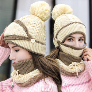 Hat Female Autumn And Winter Korean Tide Thick Warm Wool Hat Windproof Bib Three-piece Winter Cycling Ear Protection Knitted Hat