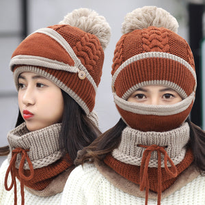 Hat Female Autumn And Winter Korean Tide Thick Warm Wool Hat Windproof Bib Three-piece Winter Cycling Ear Protection Knitted Hat