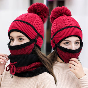 Hat Female Autumn And Winter Korean Tide Thick Warm Wool Hat Windproof Bib Three-piece Winter Cycling Ear Protection Knitted Hat