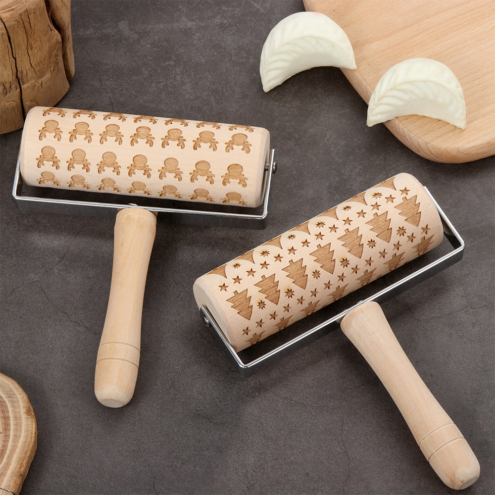 Push-Style Christmas Embossing Rolling Pin Printed Cookie Dough Stick Fondant Tool Baking Noodle Cake Dough Engraved Roller Q40