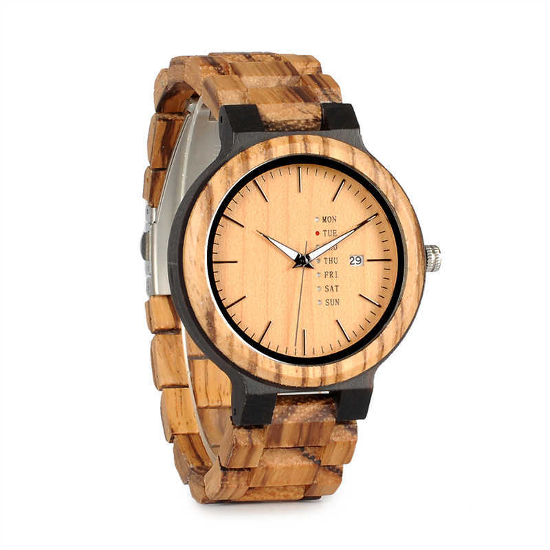 E-commerce Hot Sale Multifunctional Wooden Watch Calendar Week Double Display Color Men's Wooden Watch On Behalf Of